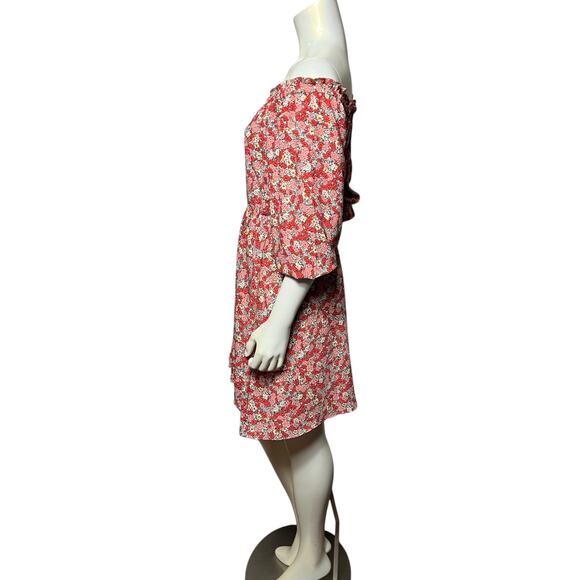 LOFT Outlet Petite Red Floral Off Shoulder Elastic Waist Dress Size 8 - Picture 2 of 9